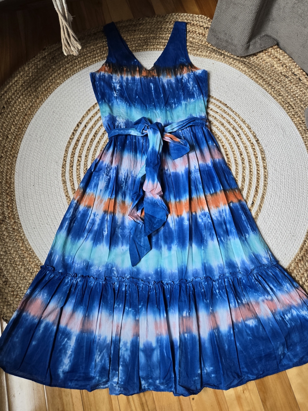 100% Cotton Hatley Blue Tie-Dye Midi Dress with Bow Waist Tie Bohemian Summer